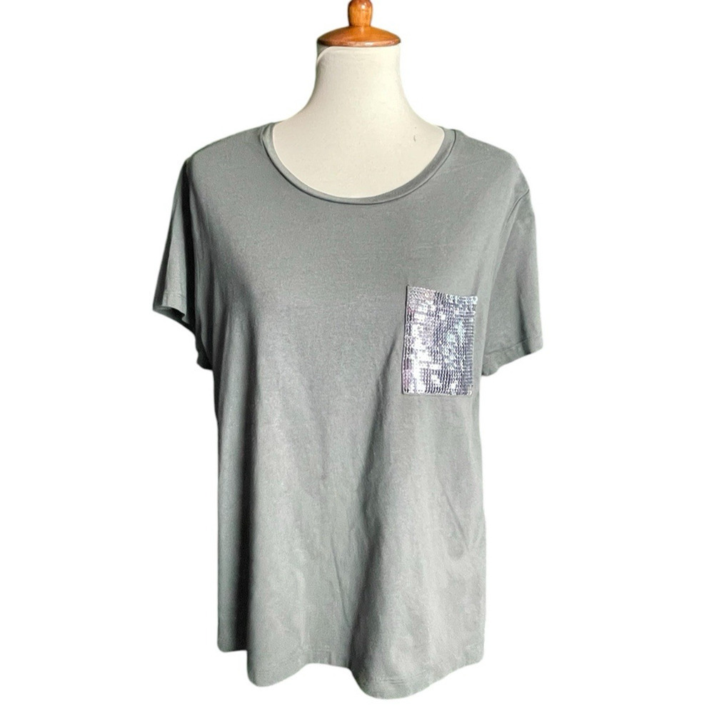 DKNY Green T-Shirt Size XL Sequins Pocket Y2k Loose Flowy Glam Casual Lounge - Picture 1 of 6